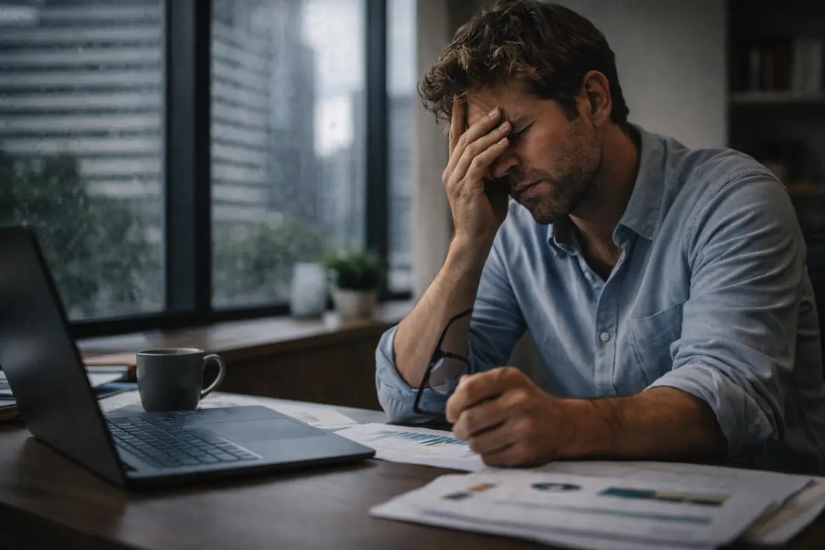 uomo seduto alla scrivania in ufficio con espressione stressata mentre riflette sulla propria carriera lavorativa