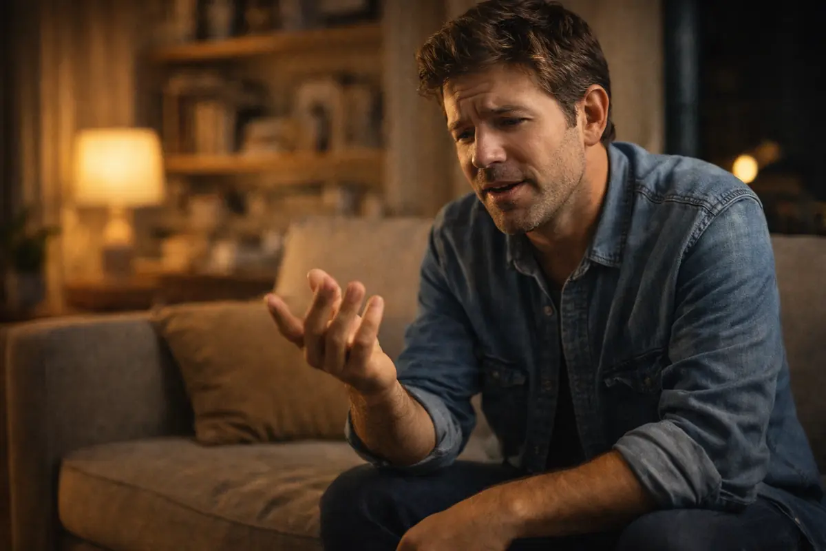 uomo che parla da solo mentre riflette seduto sul divano, rappresentazione del self talk studiato dalla psicologia