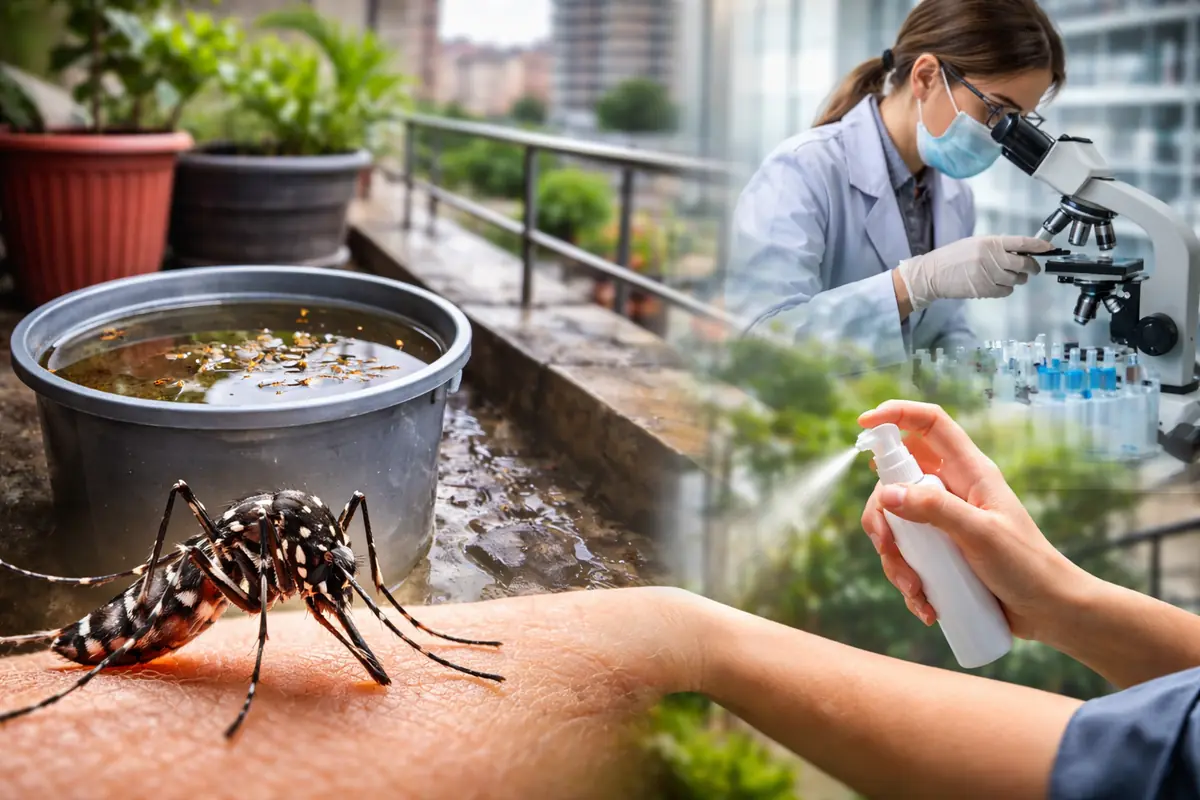 Zanzara su pelle umana con acqua stagnante e analisi scientifica che rappresentano il rischio di malattie legate al clima