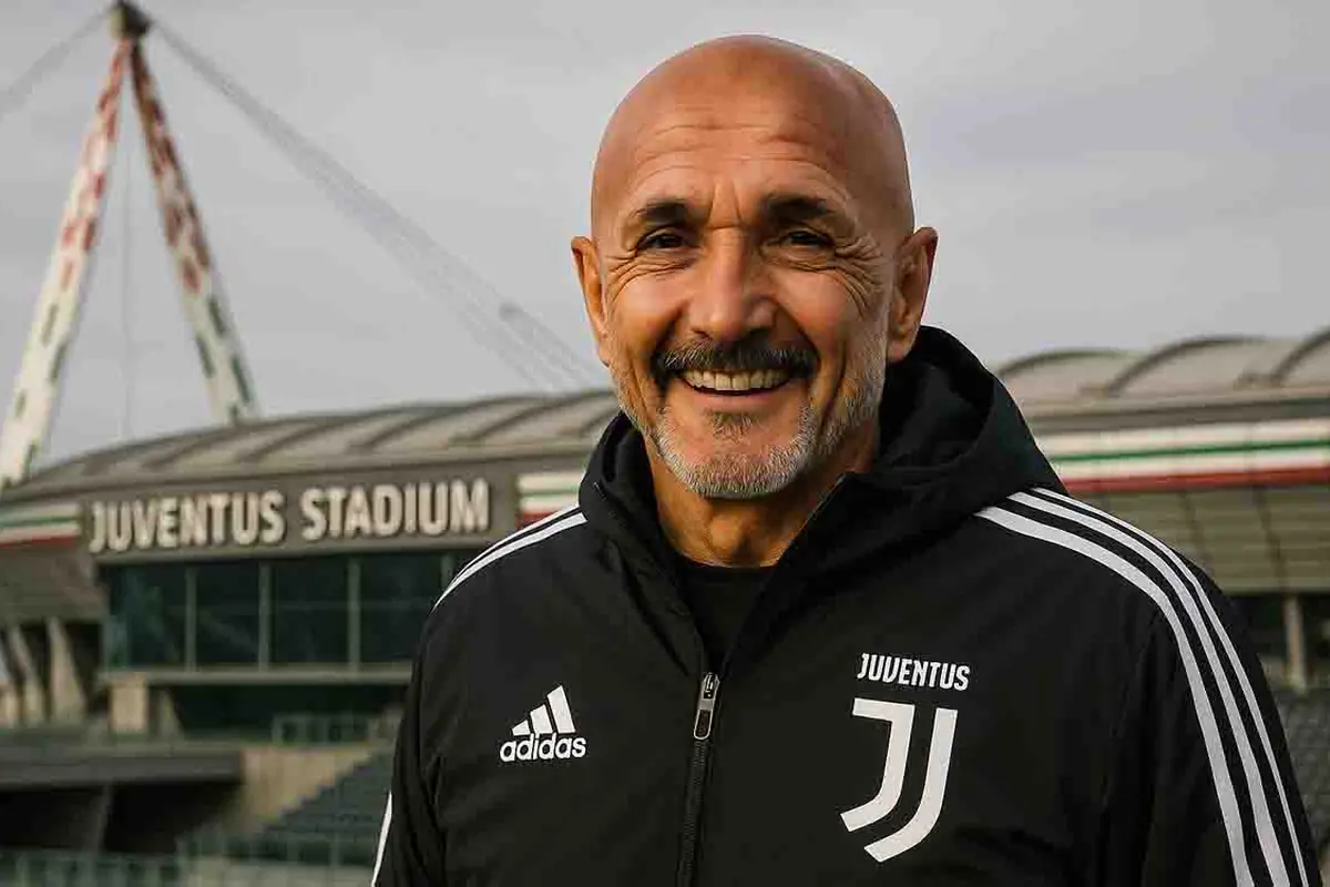 Un sorridente Luciano Spalletti davanti allo Juventus Stadium, immagine creata con intelligenza artificiale