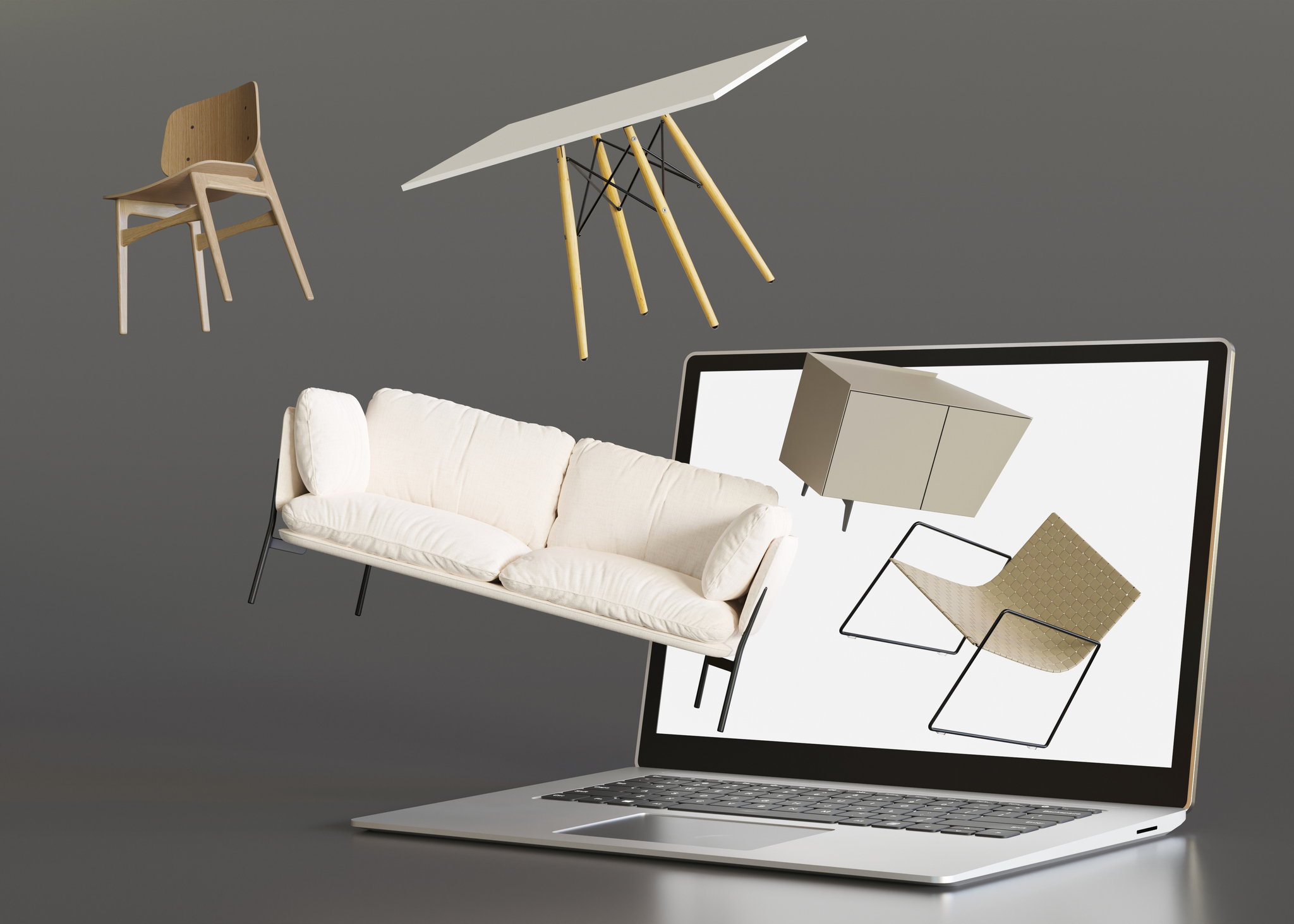 Laptop with flying furniture. Shopping online. Furniture shop, interior details. Furnishings sale or interior project concept. Buy sofa, table, chair, commode via internet. E commerce. 3d rendering.