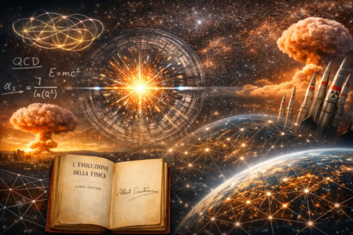 Illustrazione concettuale sulla fisica teorica con collisione di particelle, formule scientifiche, spazio cosmico e rischio nucleare globale