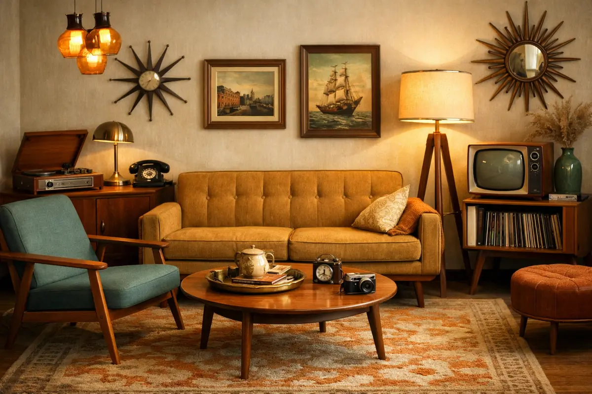 Soggiorno con arredi vintage in stile anni ’60, divano retrò e complementi di design moderno