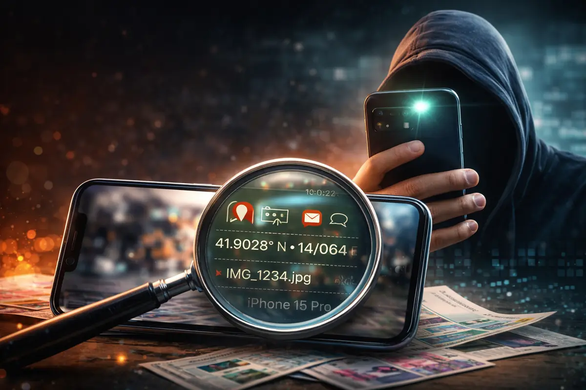 Smartphone con lente d’ingrandimento che mostra metadati nascosti in una foto e figura anonima, simbolo dei rischi per la privacy digitale