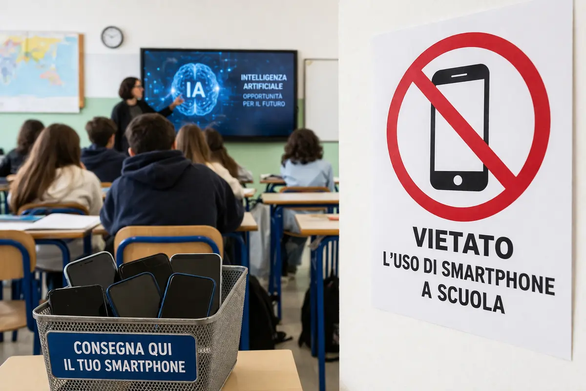 Cartello divieto smartphone in aula con studenti in classe e lezione su intelligenza artificiale