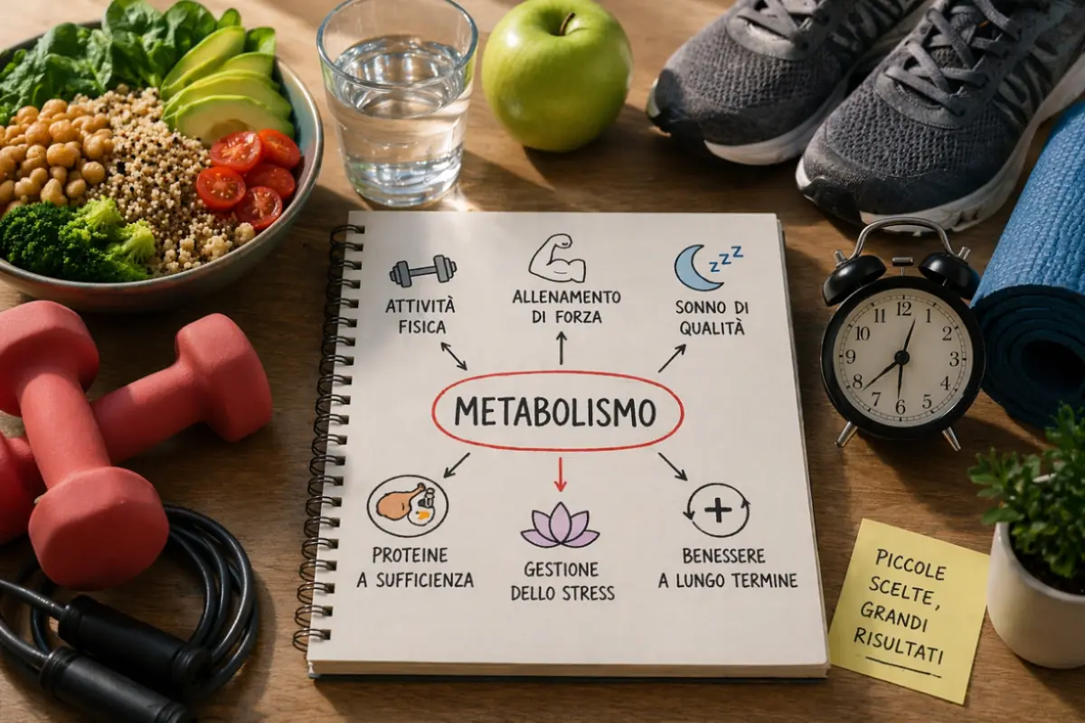 Stile di vita sano con alimentazione equilibrata, attività fisica e abitudini utili per migliorare il metabolismo