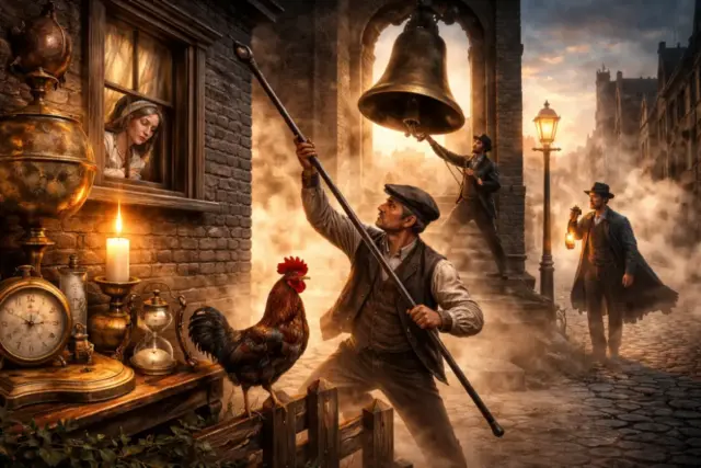 Uomo che sveglia una persona bussando alla finestra con bastone mentre gallo canta e campana suona, metodi antichi di risveglio