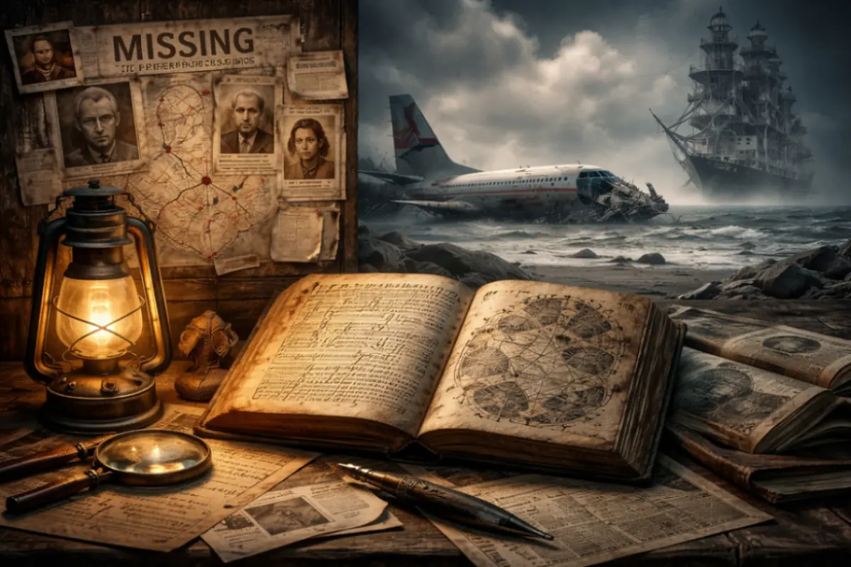 Libro antico, ritagli di giornale, lanterna e scenari oscuri che richiamano i grandi misteri irrisolti della storia umana.