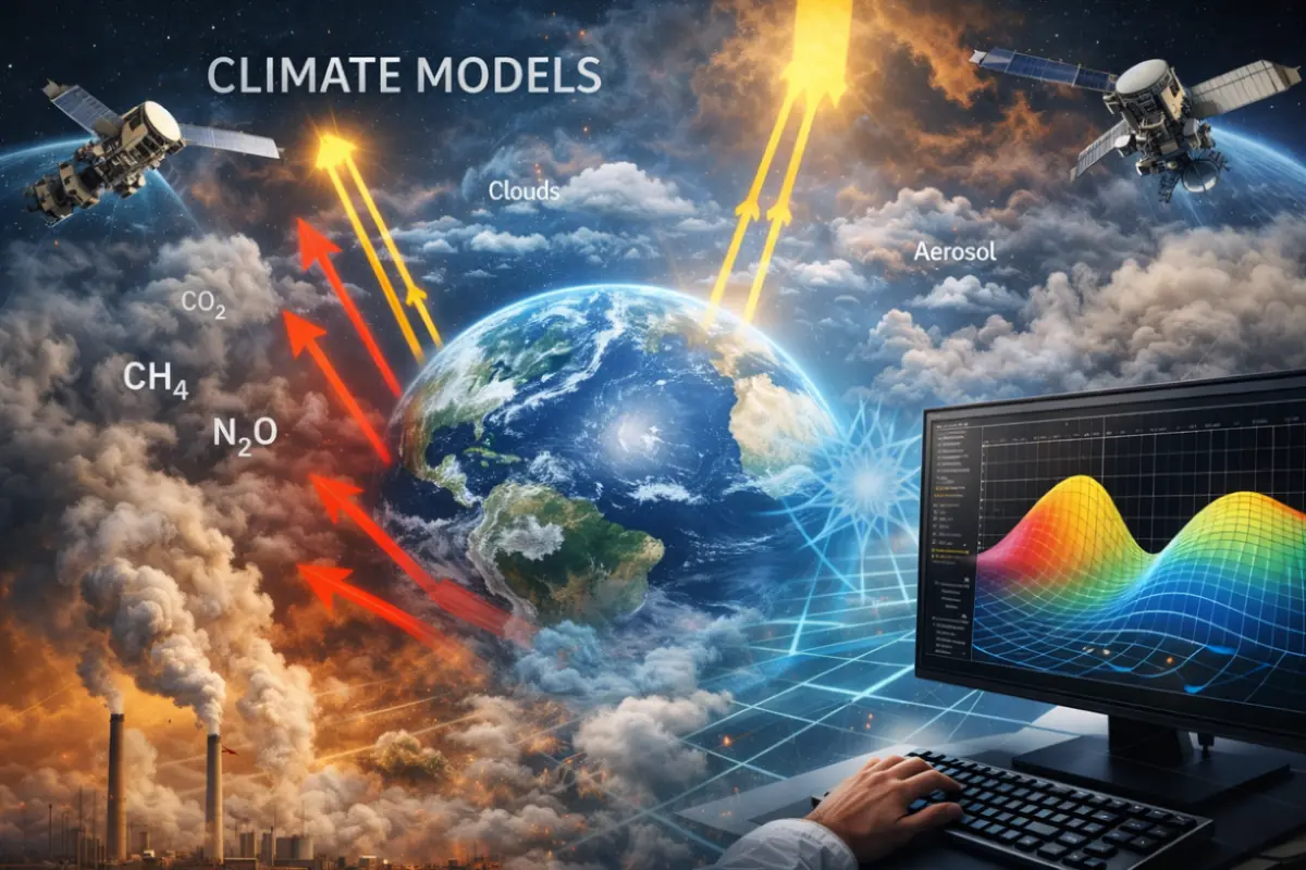 Modelli climatici della Terra con equilibrio energetico, emissioni di gas serra, satelliti e nubi