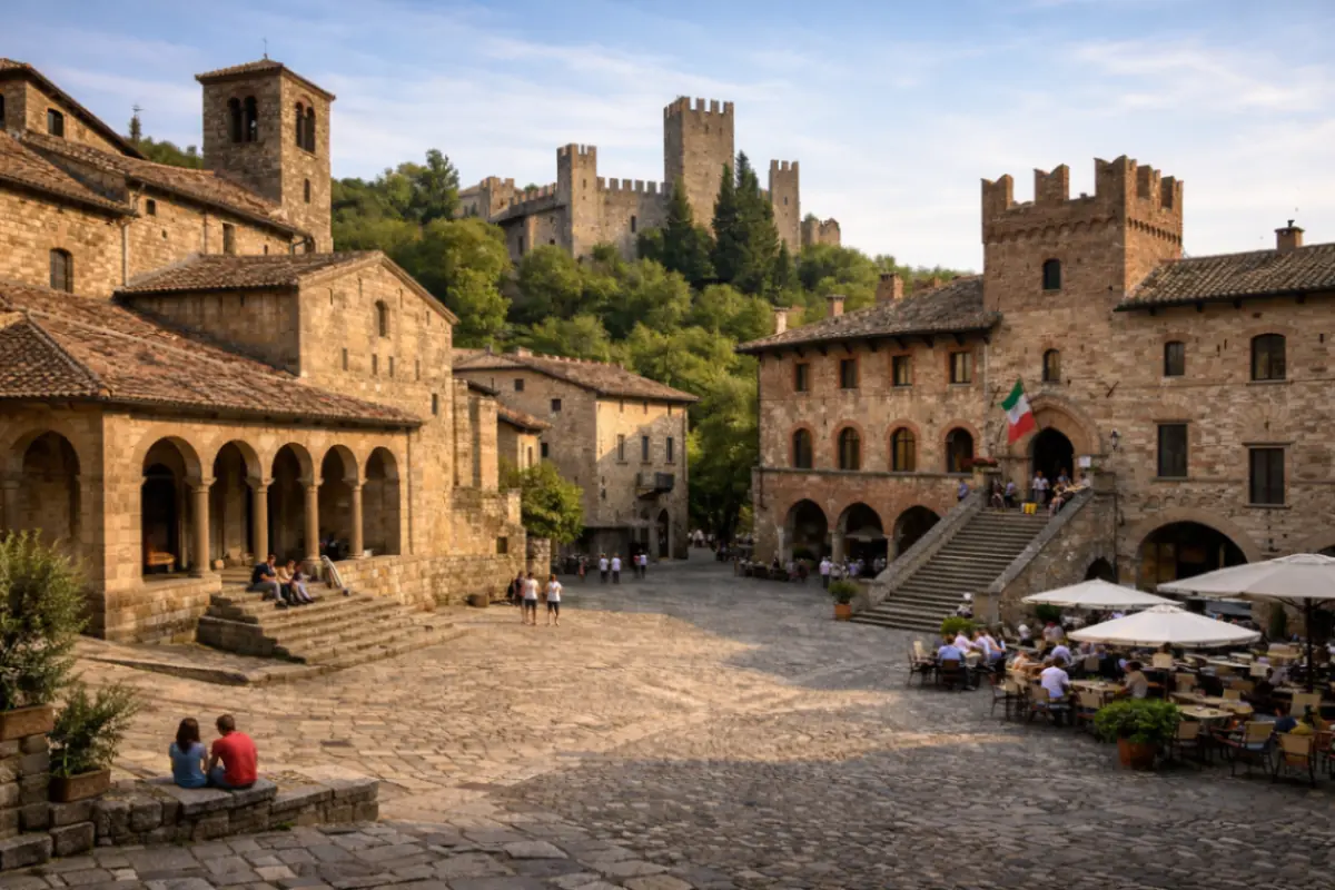 Piazza monumentale di Castell’Arquato con forma irregolare a L tra edifici medievali in Emilia-Romagna