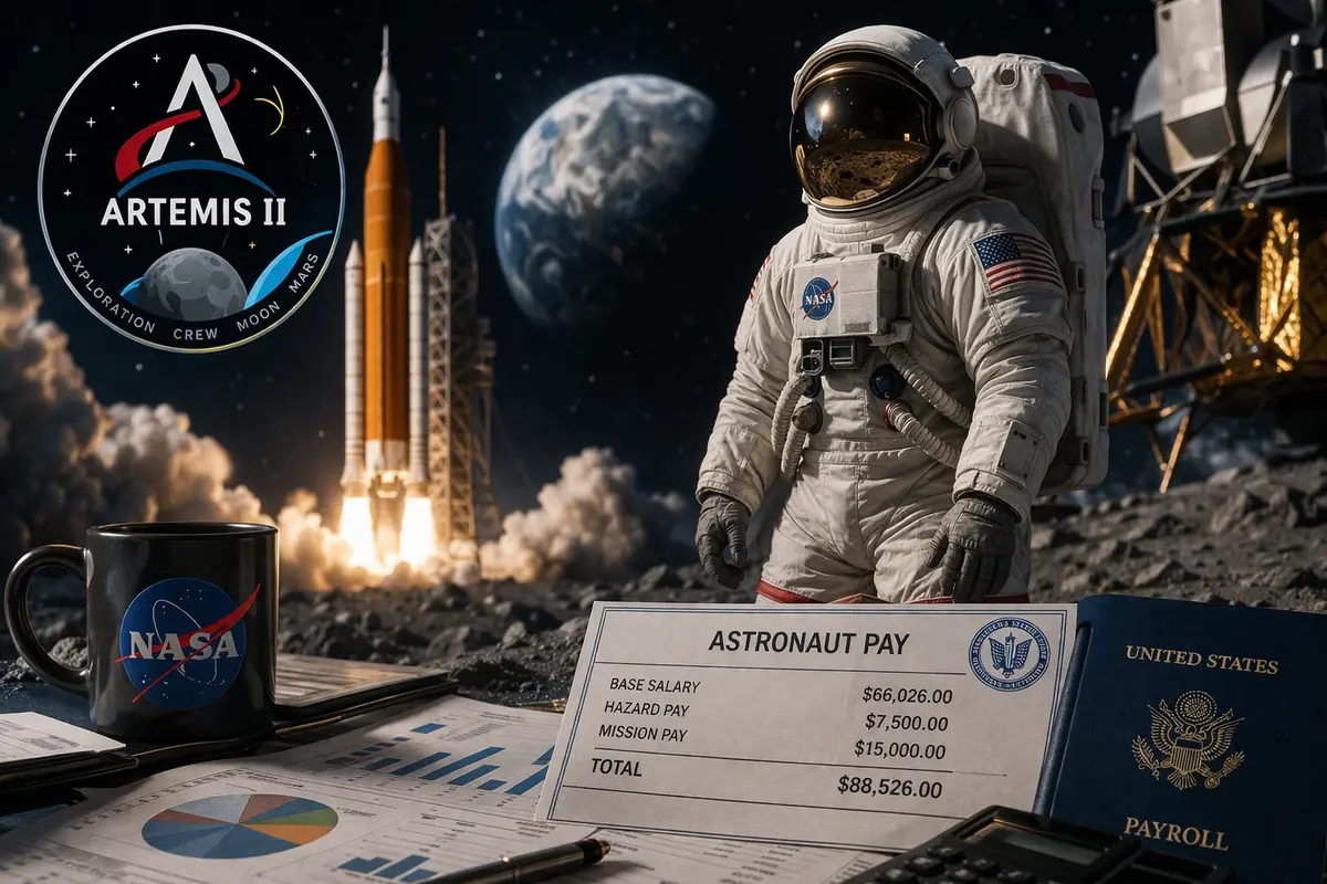 Astronauta durante missione spaziale con razzo in partenza e riferimento al programma Artemis II