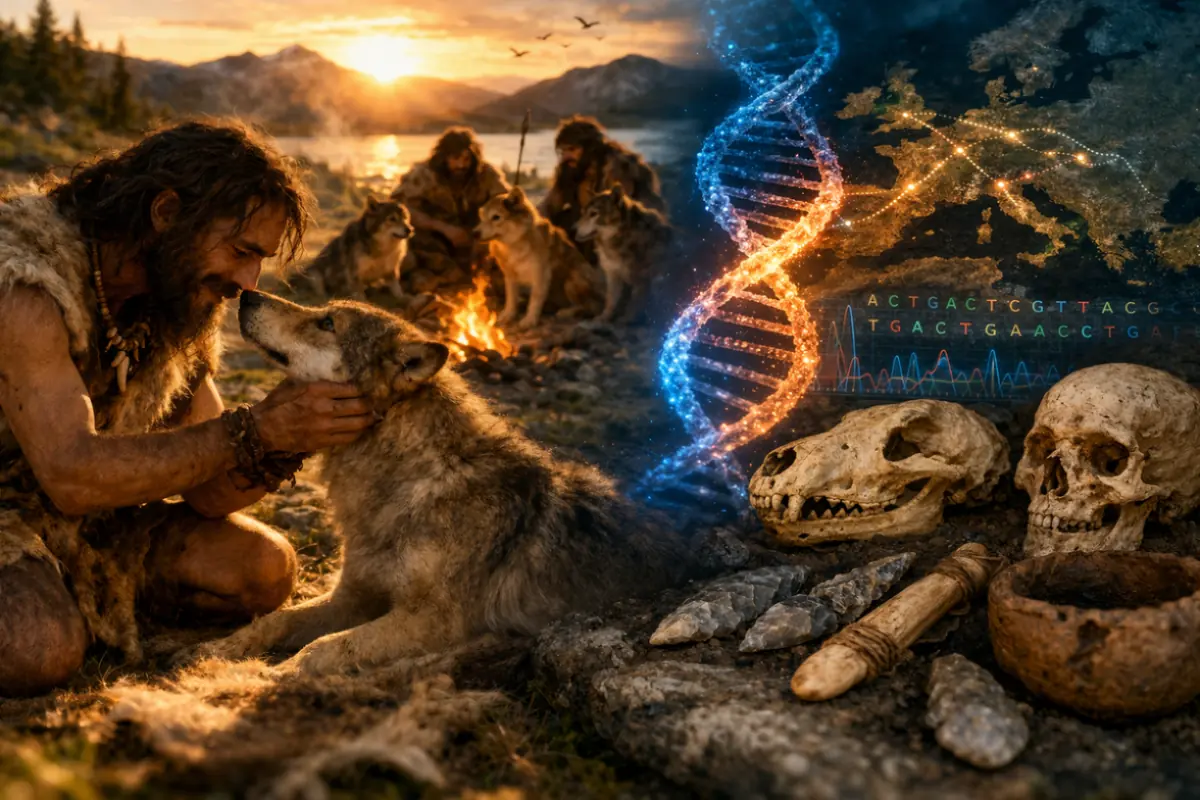 Archeologa con cane durante uno scavo mentre osserva resti antichi, simbolo della convivenza tra uomo e cane e delle scoperte genetiche