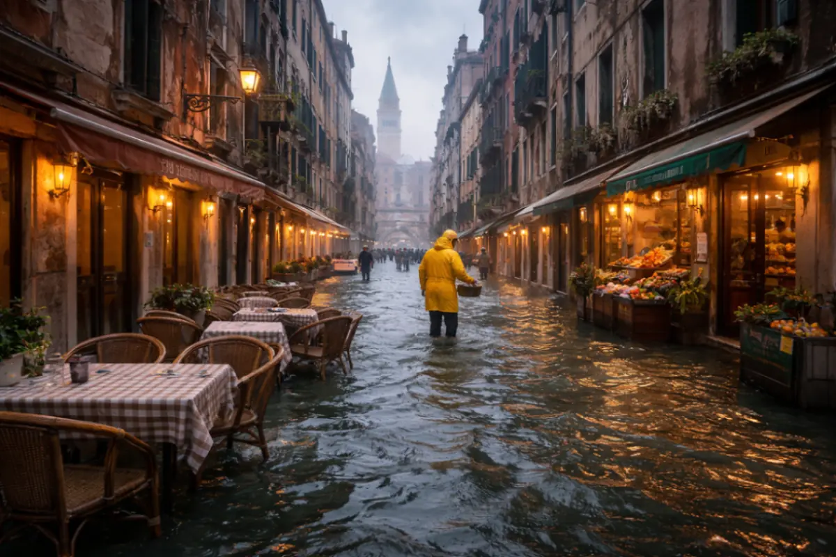 Strada di Venezia allagata durante acqua alta con negozi e passanti tra l’acqua
