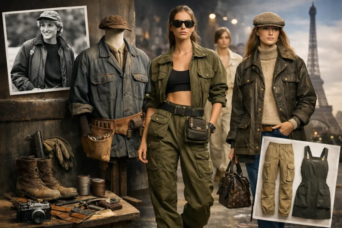 Modelle con outfit workwear e utilitywear ispirati alla moda contemporanea, tra giacche cerate, cargo e richiami allo stile iconico di Diana