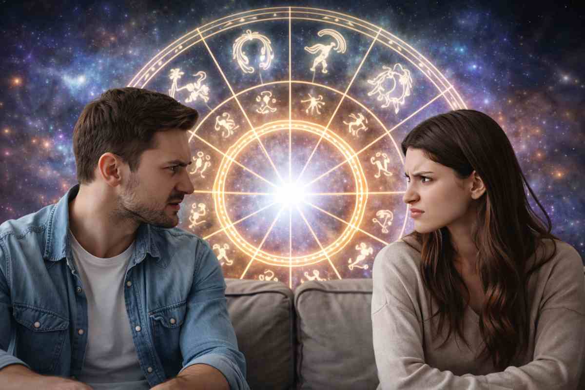 Ruota segni zodiacali e due persone che si guardano arrabbiate