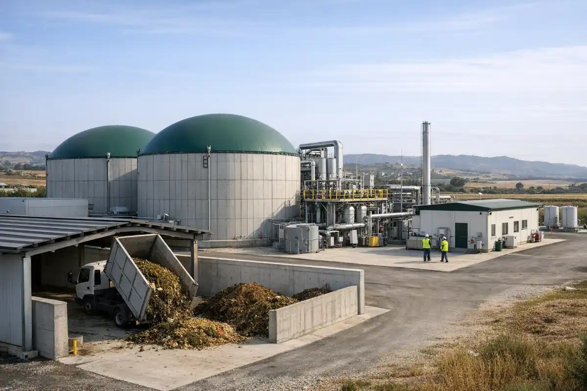 Impianto di biometano con digestori e camion che scarica scarti organici, con due operatori in giubbotti ad alta visibilità