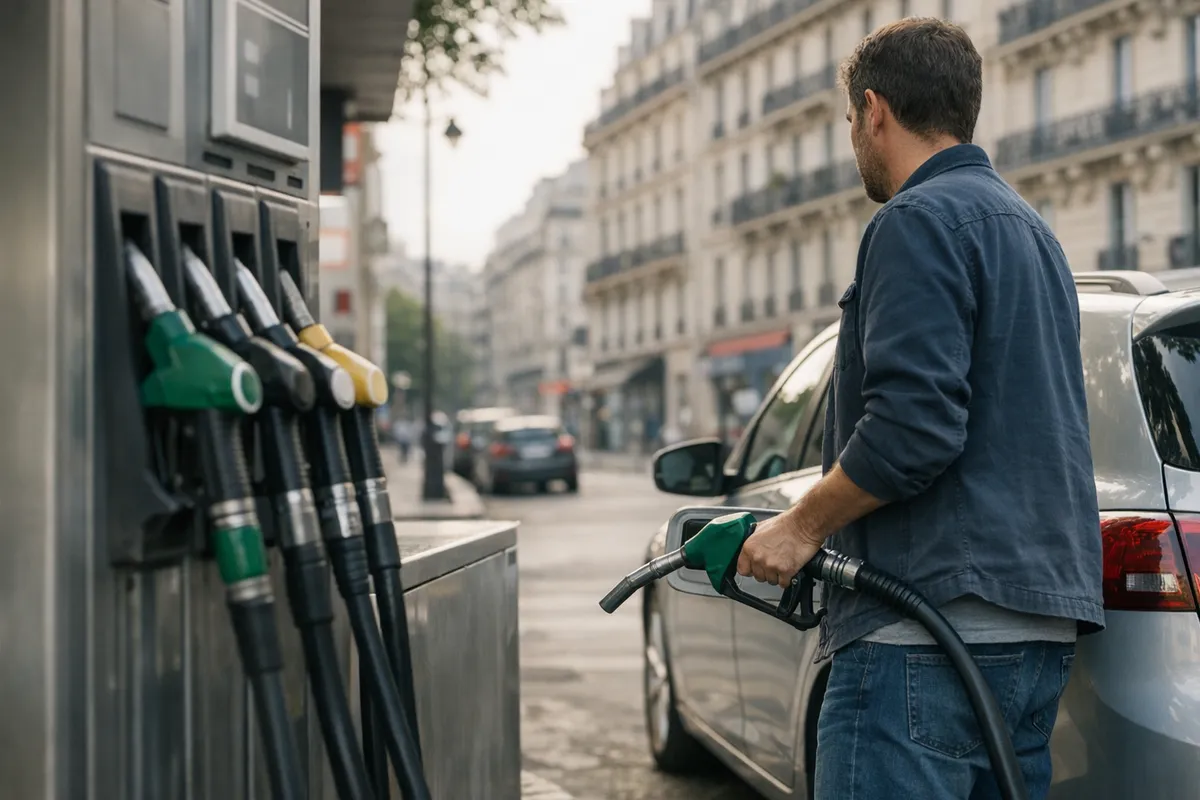 Uomo fa rifornimento a un’auto a una pompa di benzina in una strada cittadina con palazzi sullo sfondo