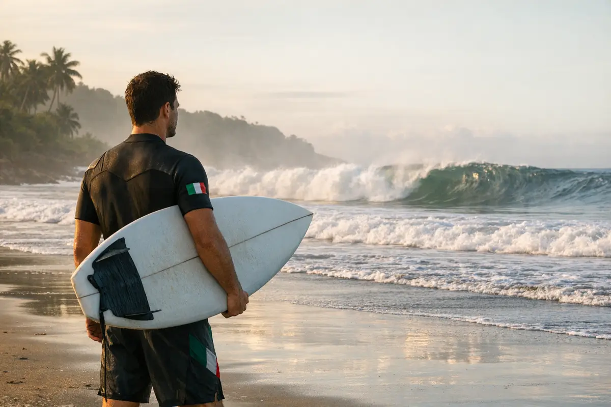 Surfista di spalle con tavola sotto il braccio guarda onde potenti all’alba su una spiaggia tropicale