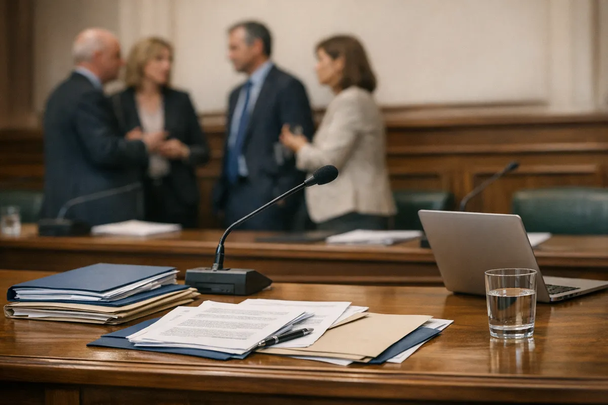 Tavolo di una conferenza stampa con documenti, microfono, laptop e bicchiere d’acqua, persone sfocate sullo sfondo