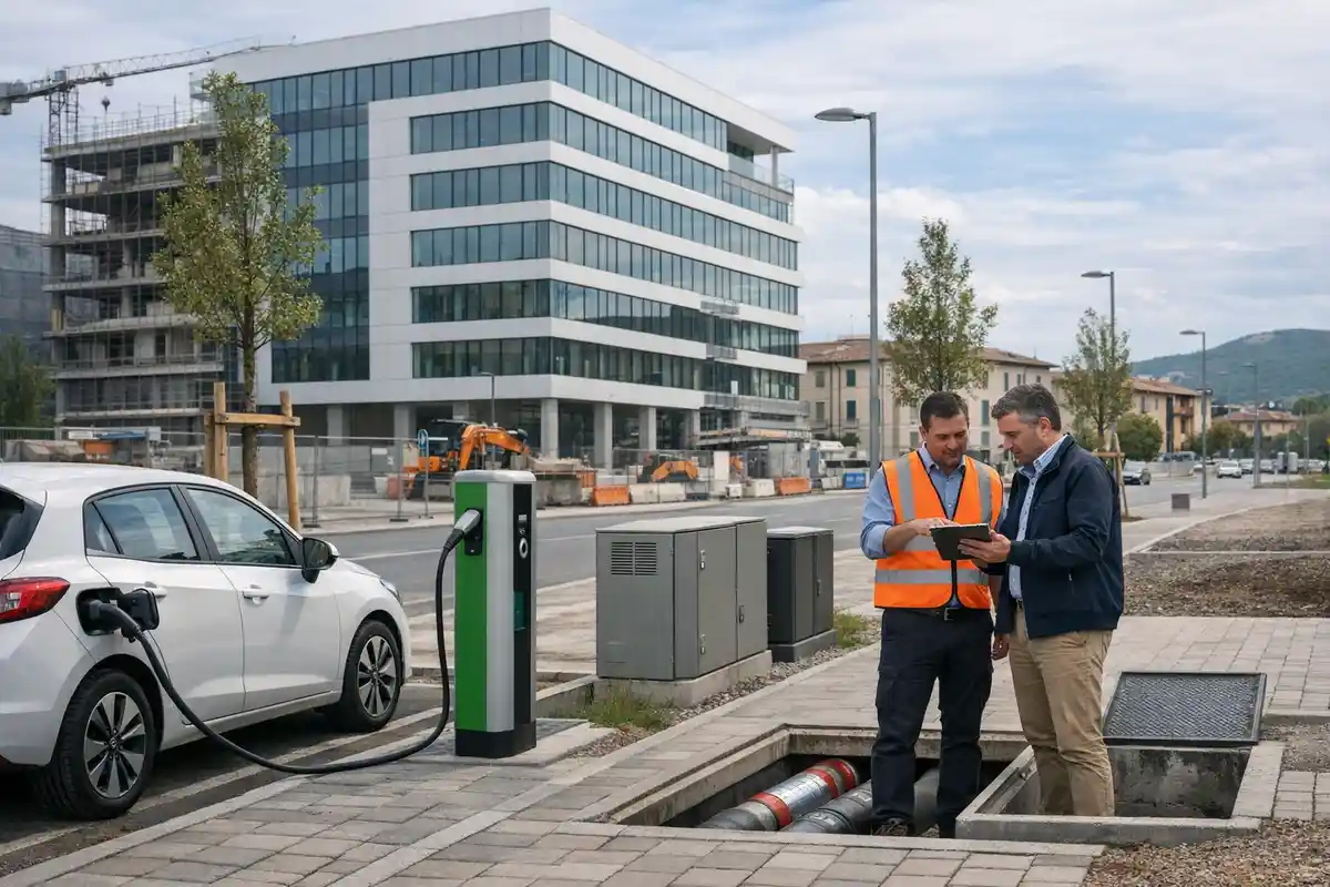 Auto elettrica in ricarica e due tecnici con tablet davanti a un cantiere e a un moderno edificio per uffici