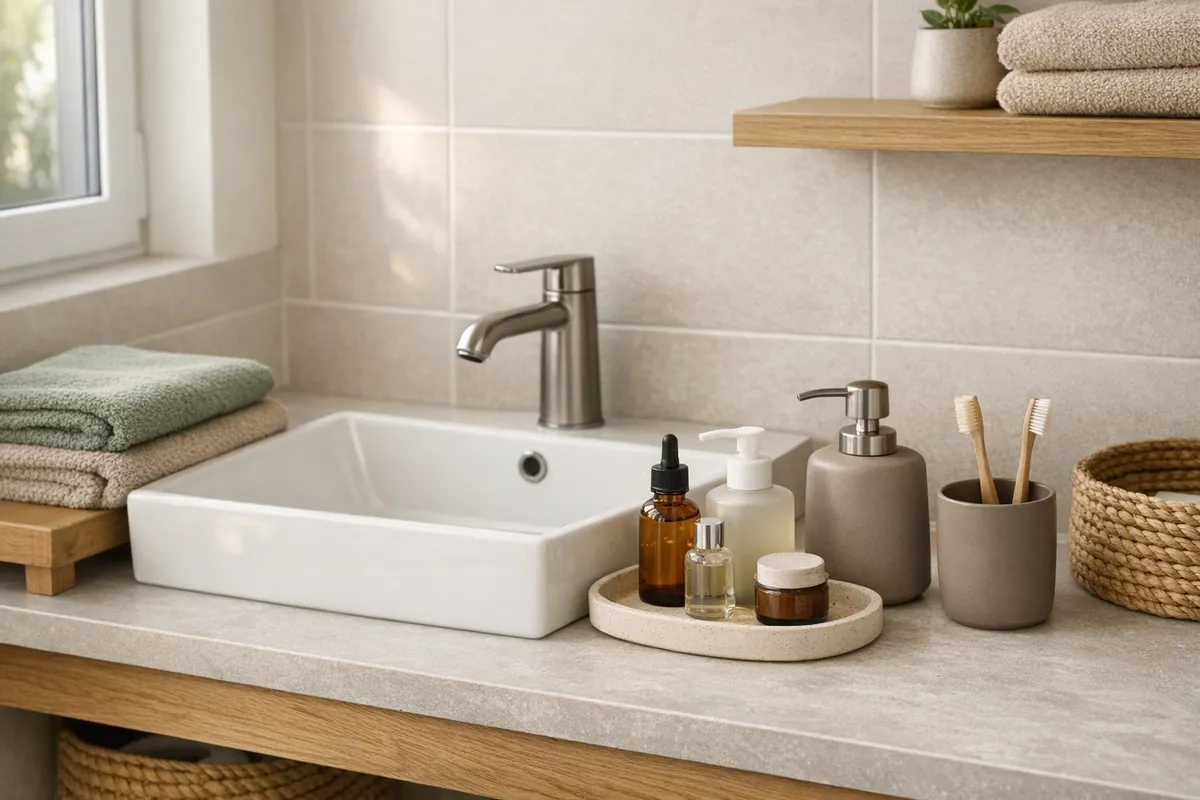 Lavabo moderno con rubinetto in metallo, accessori coordinati e vassoio con flaconi su piano in pietra chiara