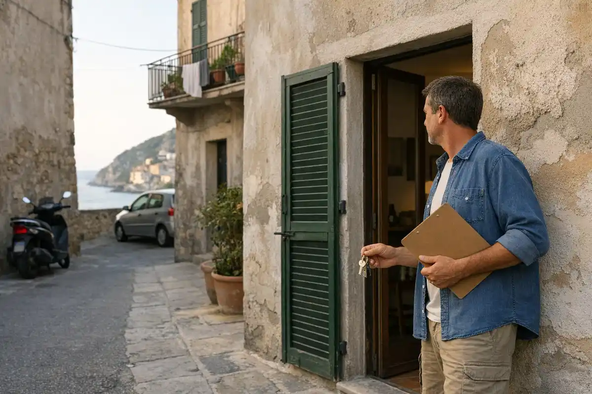 Uomo con chiavi e cartellina davanti all’ingresso di un appartamento in un vicolo di borgo sul mare
