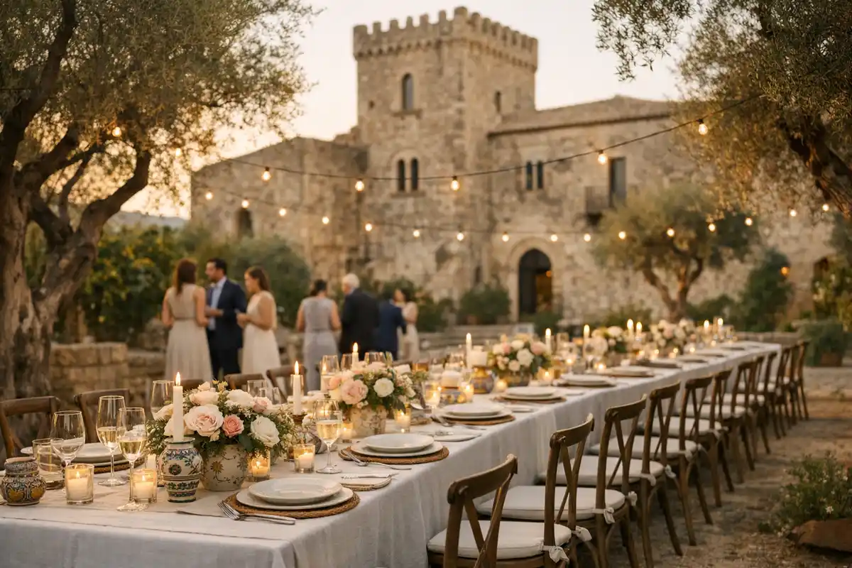 Tavolata elegante all’aperto con candele e fiori, davanti a un castello in pietra tra ulivi al tramonto