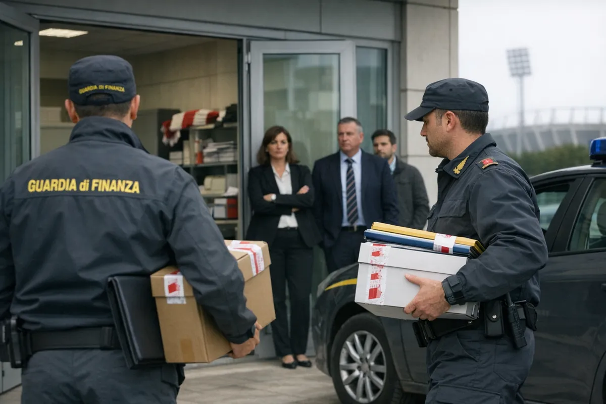 Militari della Guardia di Finanza con scatole di documenti fuori da uffici amministrativi, con personale sullo sfondo