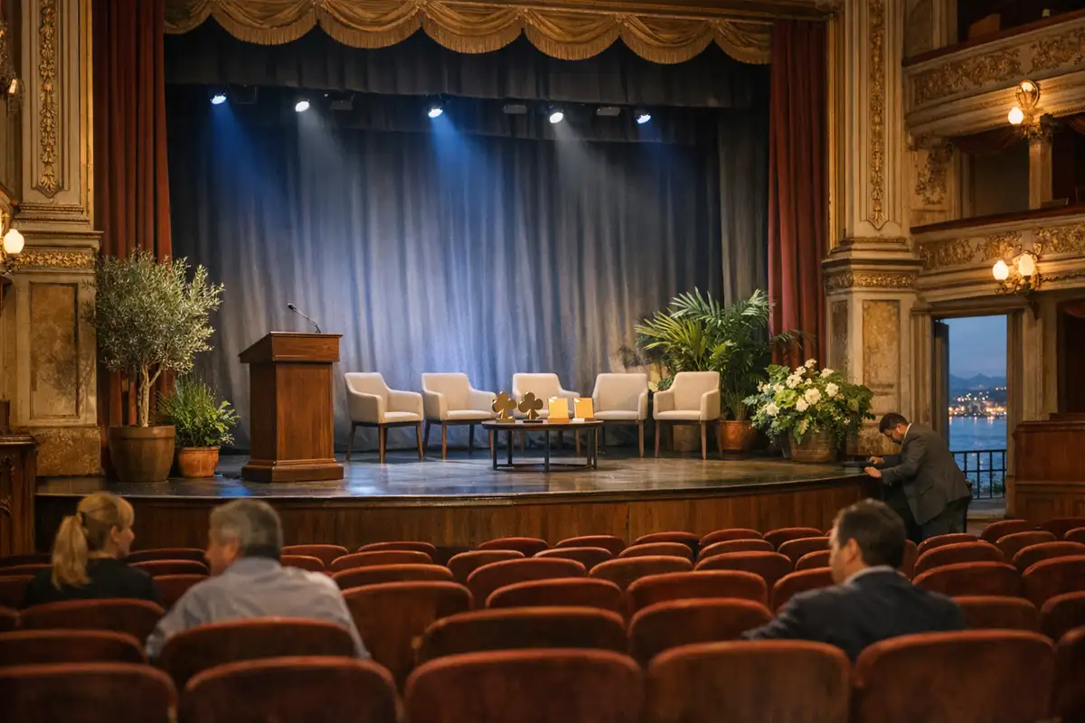 Teatro storico con palco per premiazione: podio, poltrone, trofei su tavolino e piante, vista sul mare