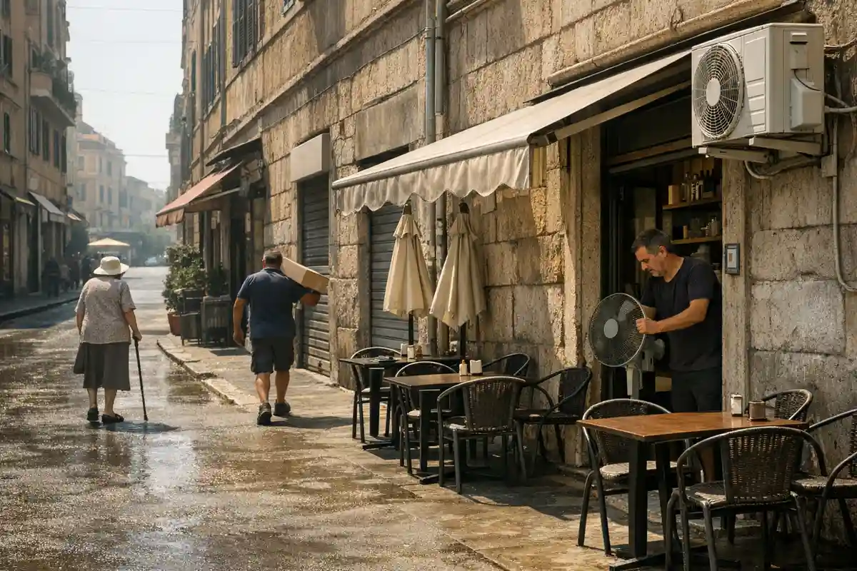 Strada cittadina assolata con tavolini vuoti, negozi chiusi e unità di condizionatore; uomo con ventilatore in porta