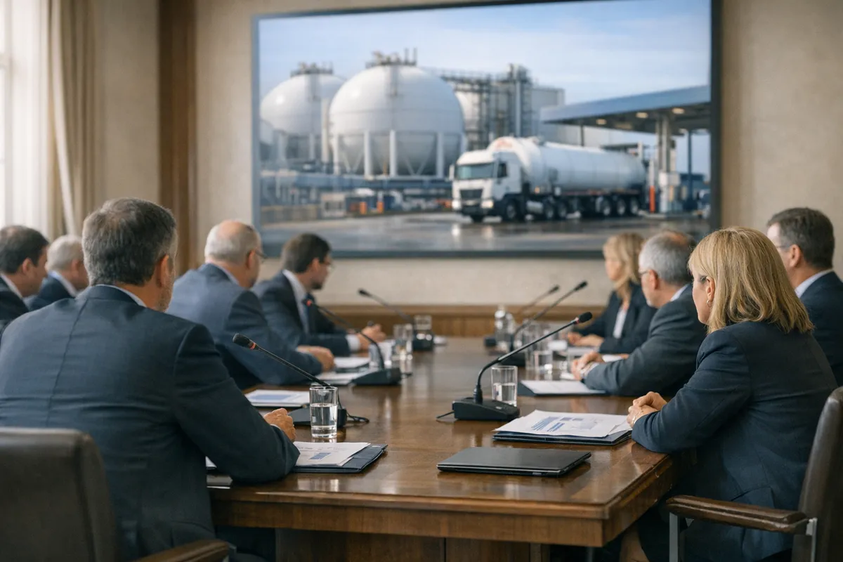 Riunione istituzionale con microfoni e documenti; sullo schermo impianto di gas liquefatto e camion cisterna