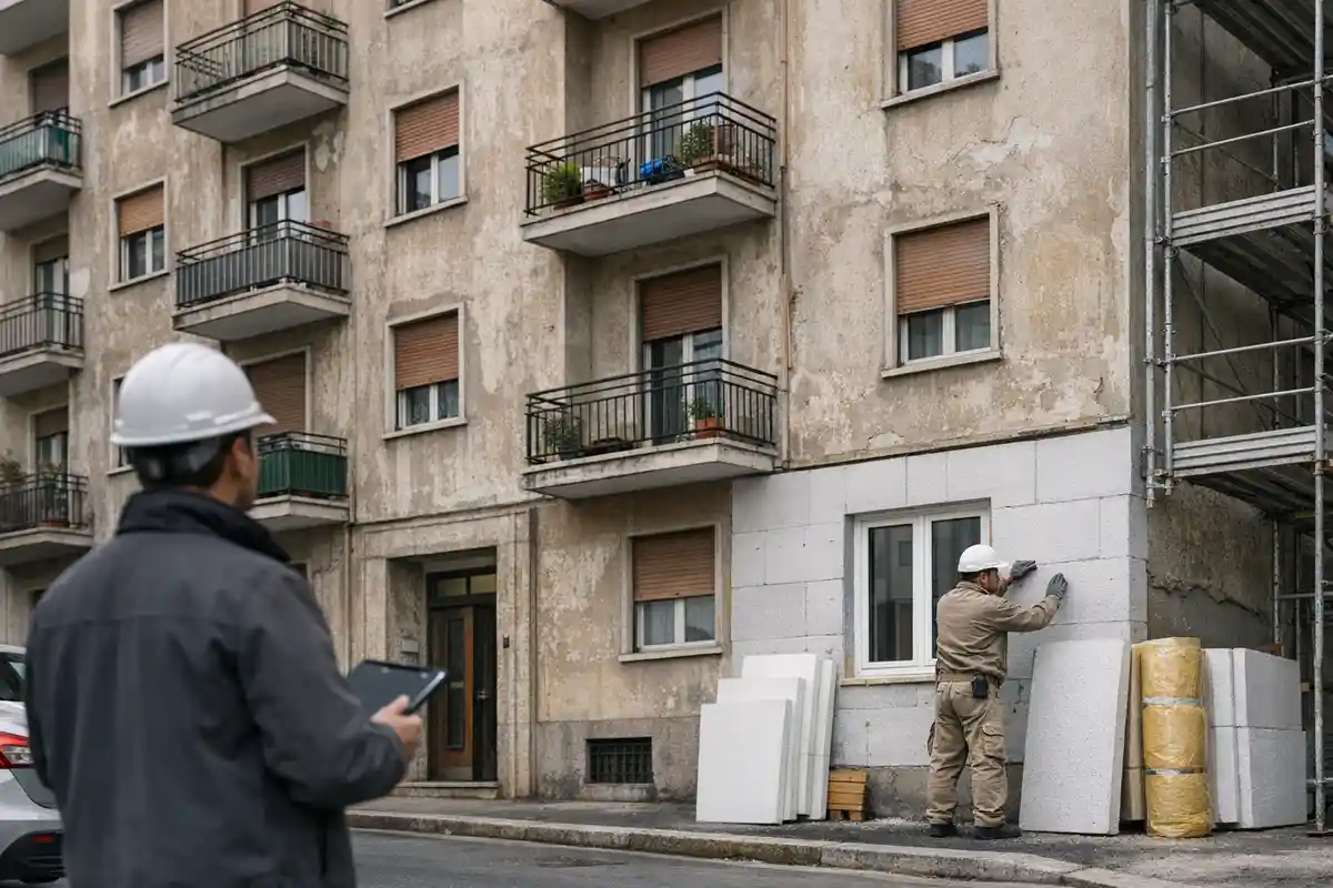 Tecnico con tablet osserva un condominio datato mentre un operaio posa pannelli isolanti vicino a una finestra