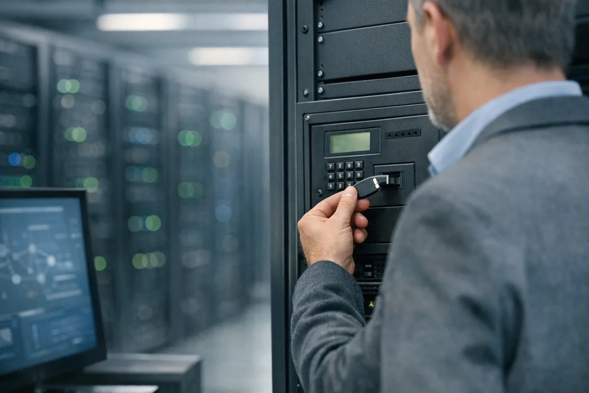 Manager in data center inserisce una chiave USB in un rack server con tastierino e luci di stato
