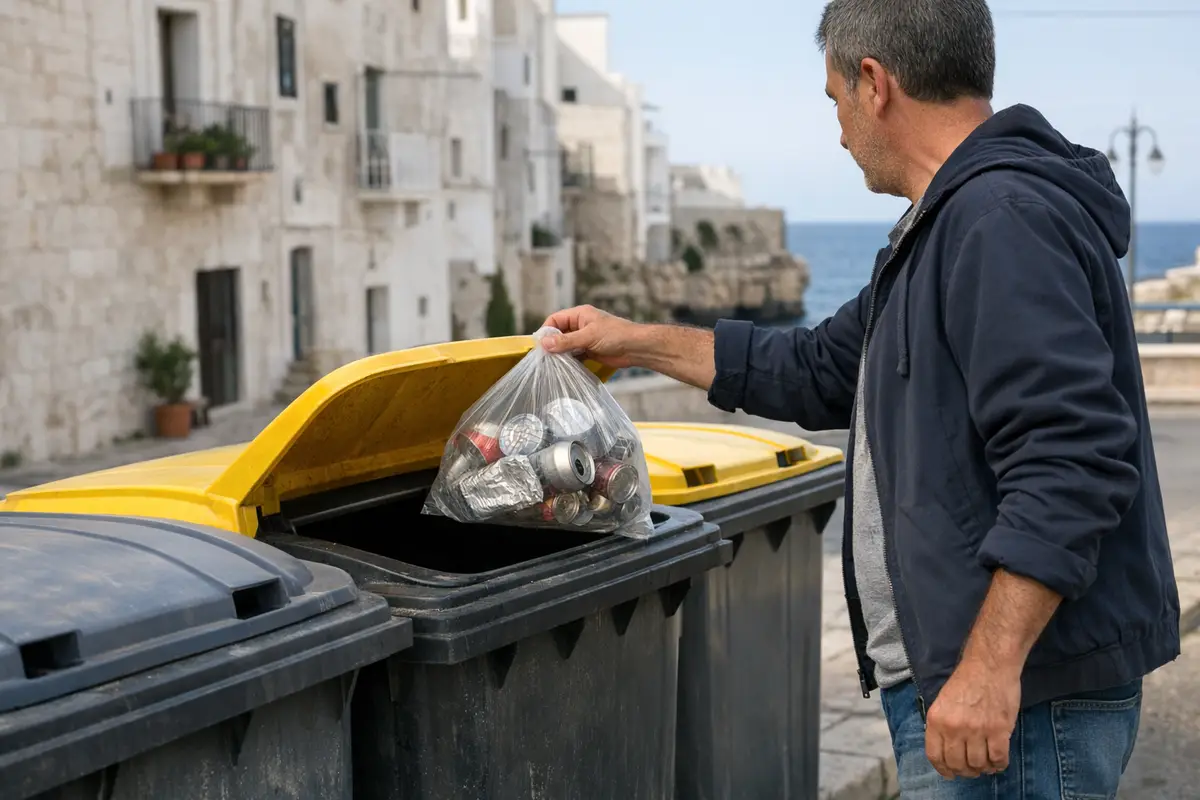 Uomo conferisce un sacchetto con lattine e imballaggi in alluminio in un bidone giallo vicino al mare