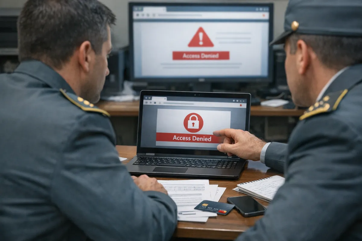 Due agenti in divisa davanti a un laptop con schermata “Access Denied” e icona di lucchetto, in ufficio investigativo