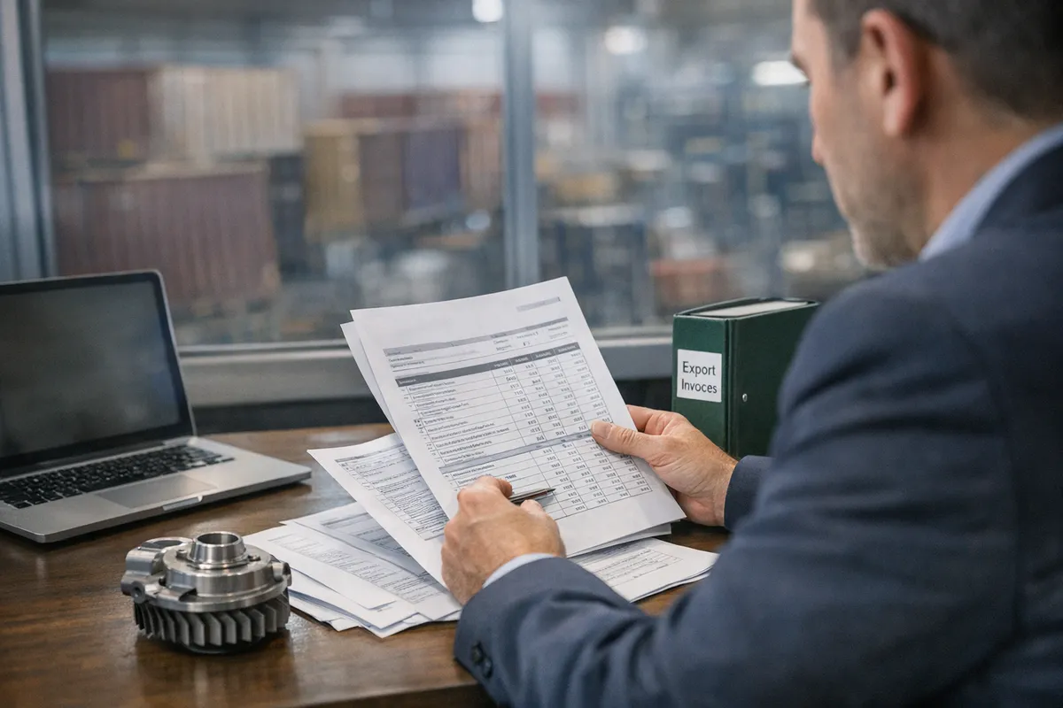 Manager in ufficio doganale controlla documenti con laptop, campione metallico e raccoglitore “Export Invoices” sul tavolo