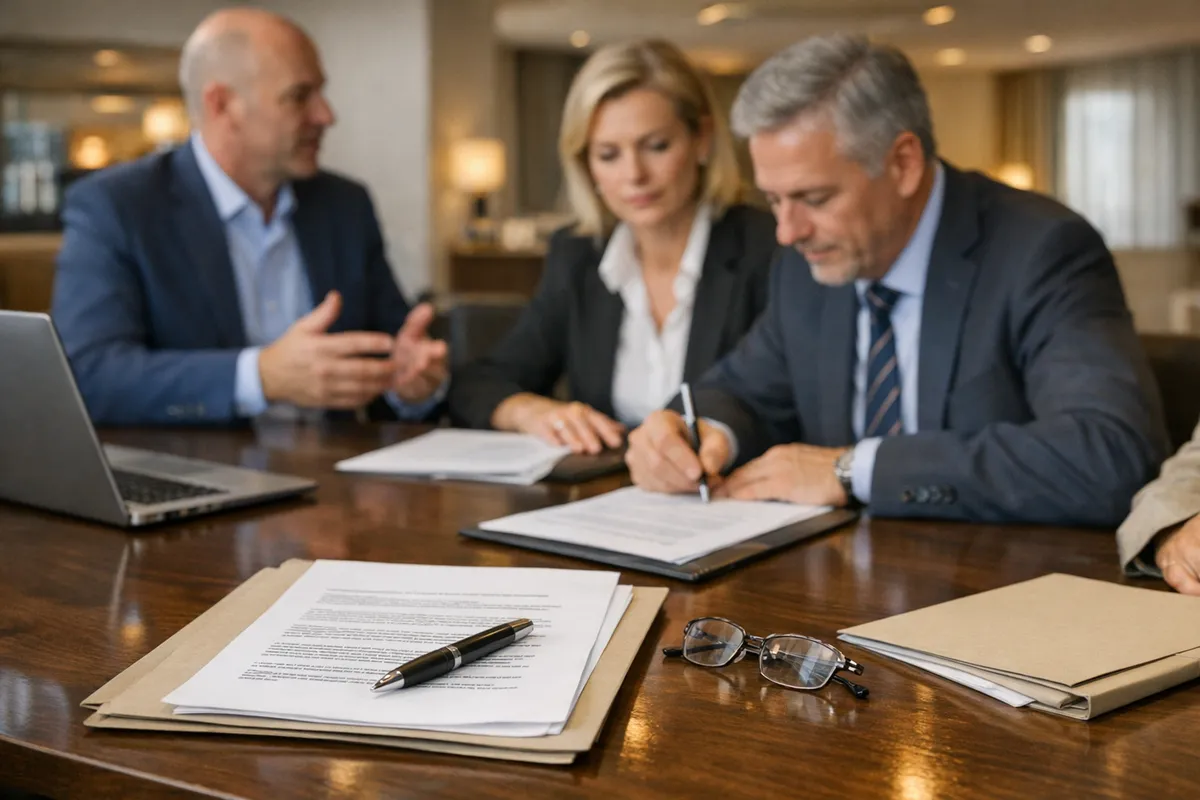 Manager in riunione in hotel mentre firmano un contratto su un tavolo con documenti, penna, laptop e occhiali