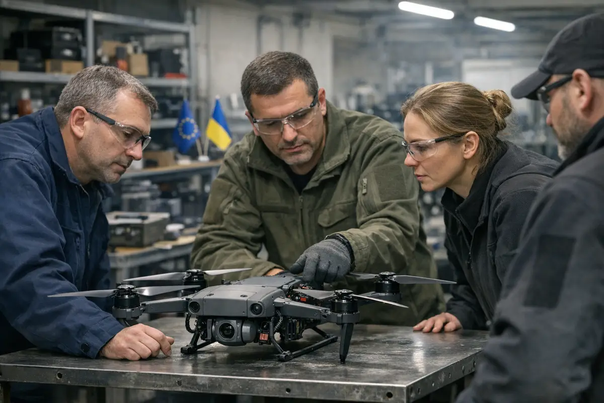 Tecnici con occhiali protettivi esaminano un drone militare su un banco da lavoro, con bandiere Ue e Ucraina sullo sfondo