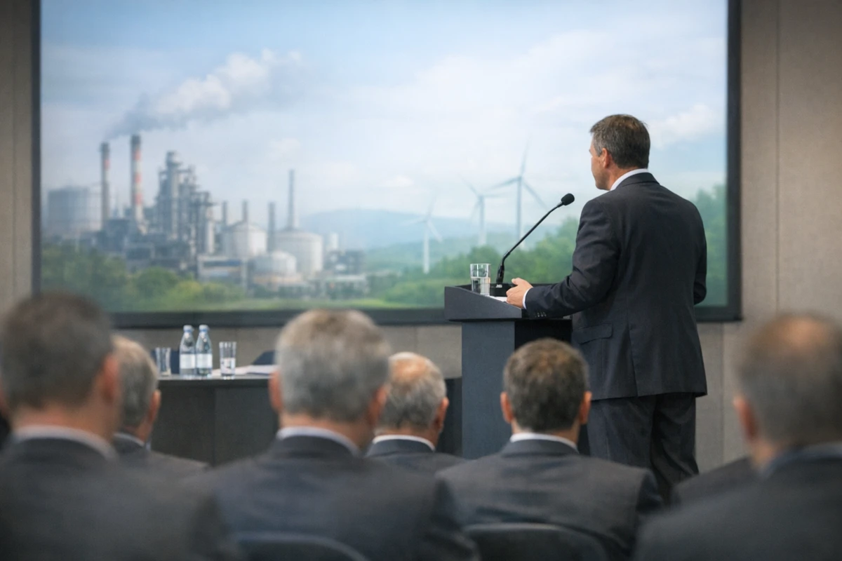 Relatore a un podio davanti a una platea, con schermo che mostra impianto industriale e pale eoliche