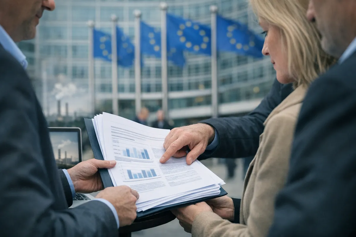 Rappresentanti industriali esaminano documenti con grafici davanti a bandiere UE e palazzo istituzionale sfocato