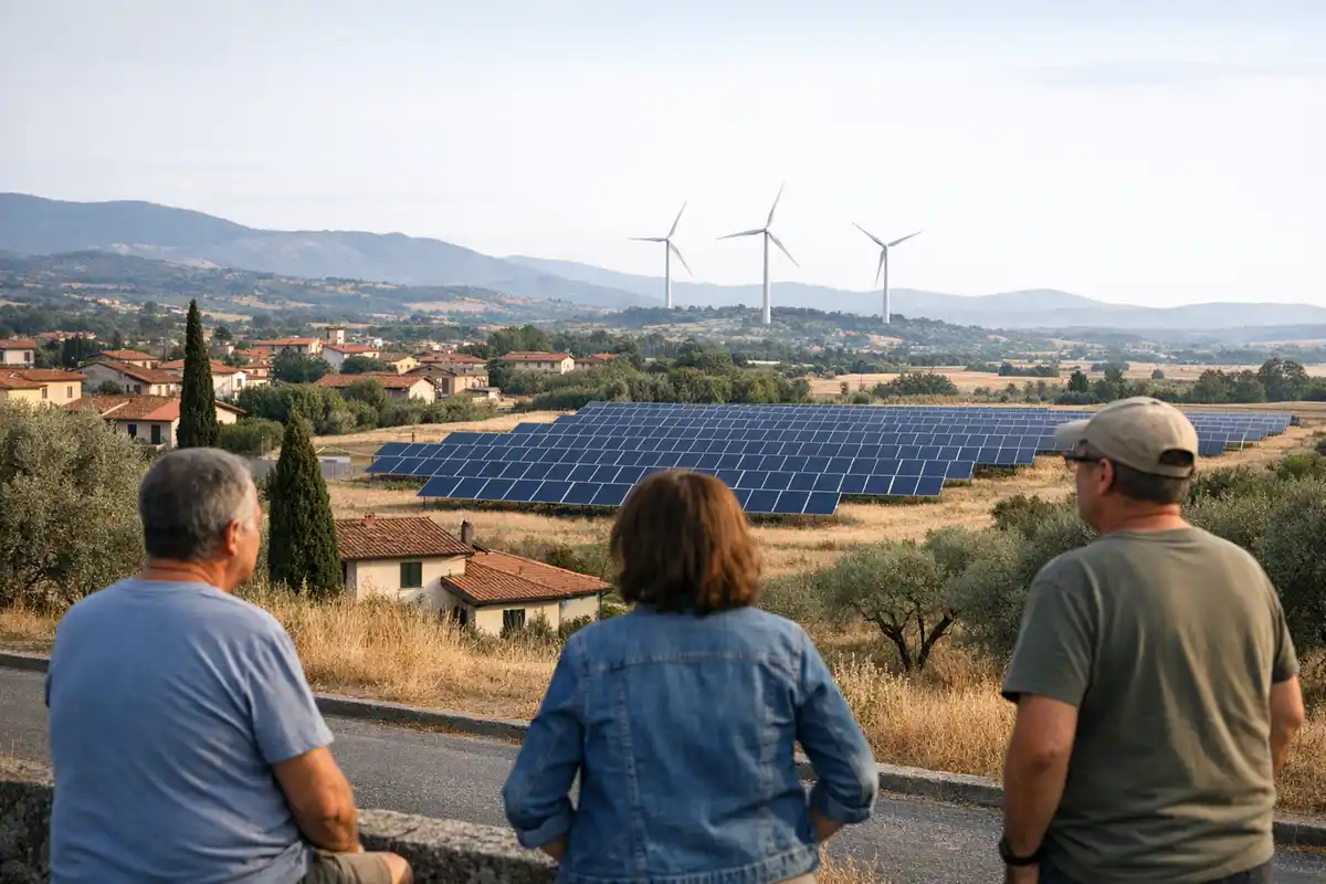 Tre persone di spalle osservano un campo fotovoltaico con turbine eoliche sullo sfondo, vicino a case in collina