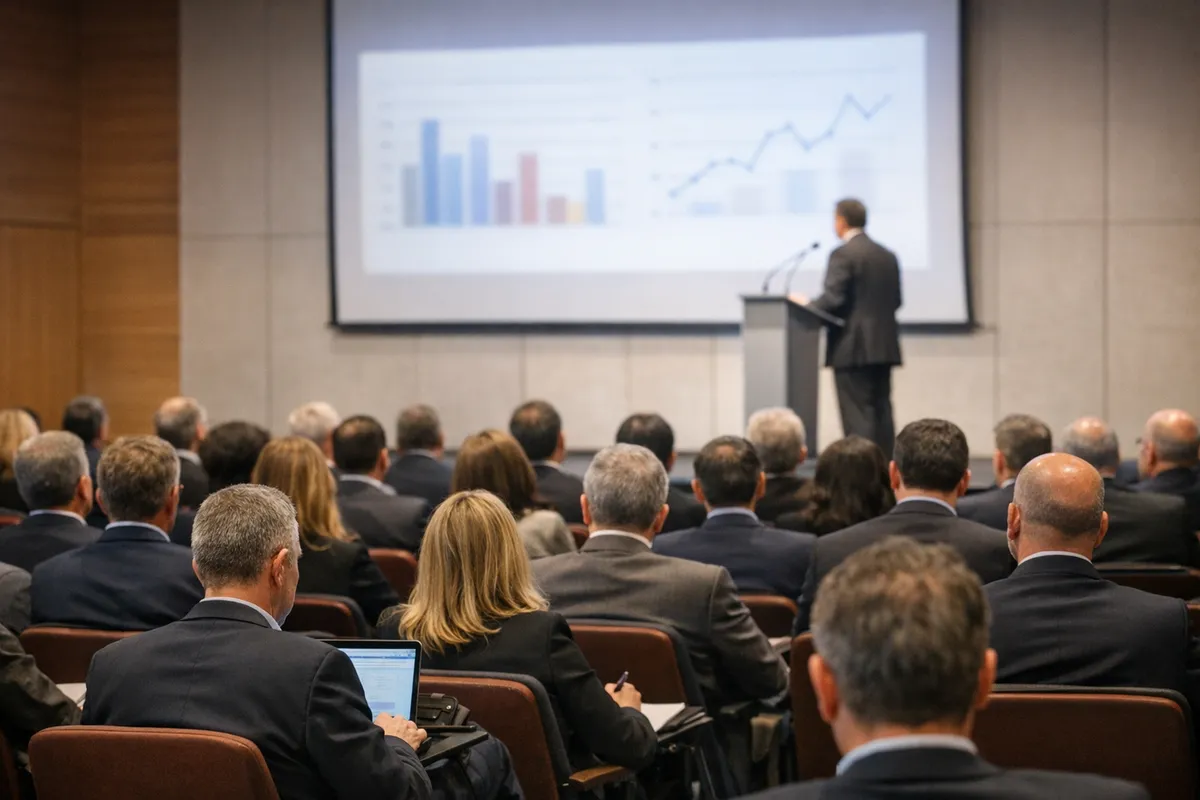 Platea di manager in auditorium ascolta un relatore al podio davanti a uno schermo con grafici