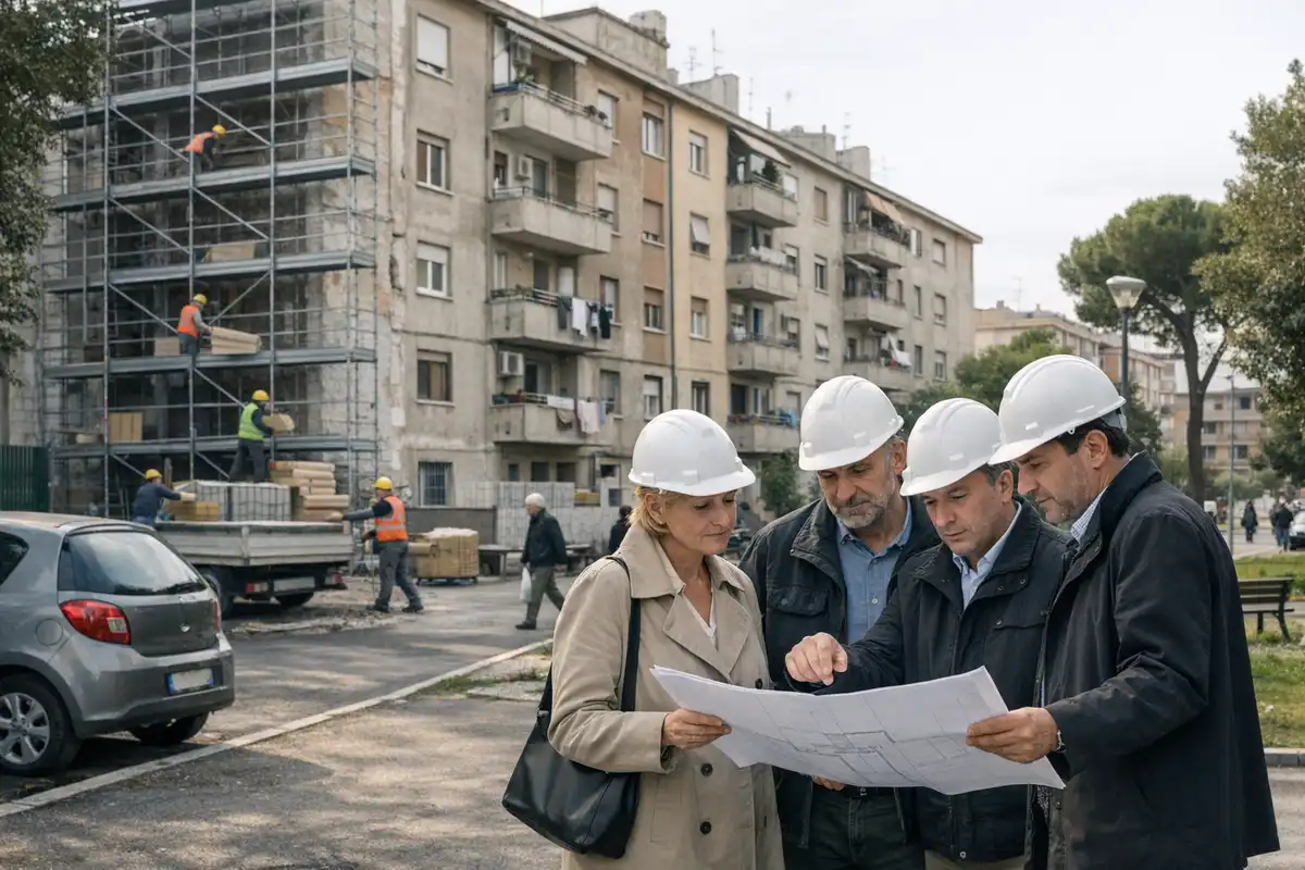 Tecnici con caschi bianchi consultano planimetrie davanti a palazzina di edilizia popolare in ristrutturazione