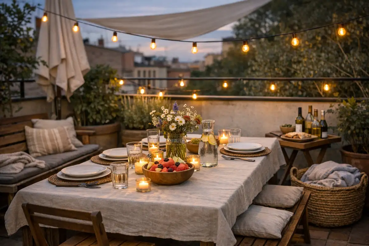 Tavolo apparecchiato su terrazza al tramonto con candele, fiori, caraffa d’acqua, frutta e lucine sospese
