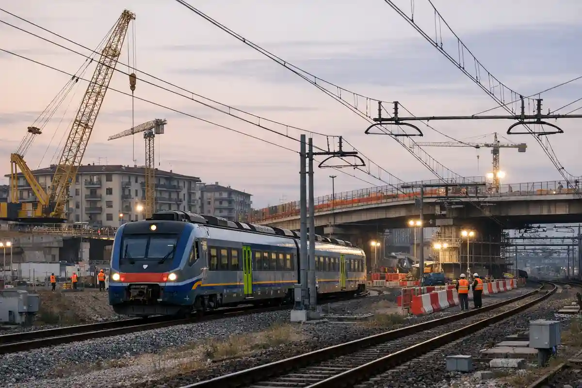Treno regionale in transito all’alba vicino a un cantiere ferroviario con gru, cavalcavia e operai in giubbotti arancioni