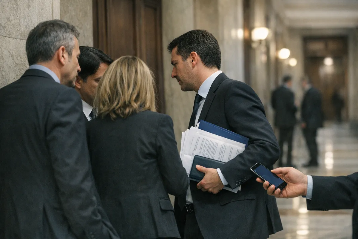 Politici e assistenti in abiti scuri discutono in un corridoio istituzionale; un uomo tiene un fascicolo blu e documenti