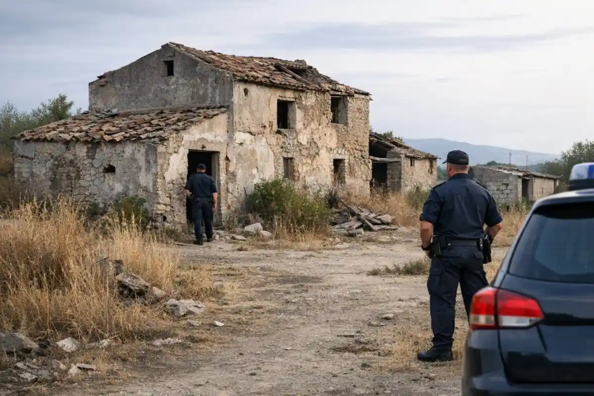 Due agenti in divisa ispezionano un casolare abbandonato in campagna, con auto di servizio sullo sfondo