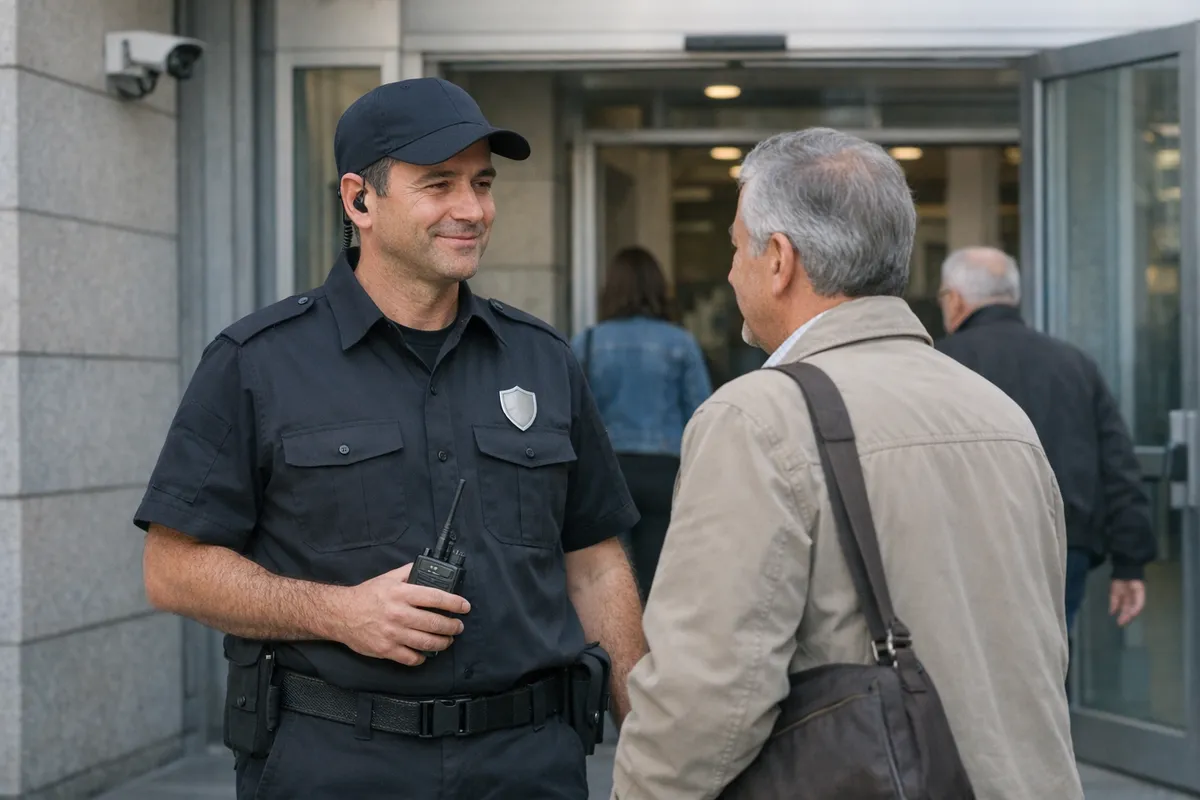Guardia giurata in uniforme scura con radio parla con un visitatore all’ingresso di un edificio pubblico