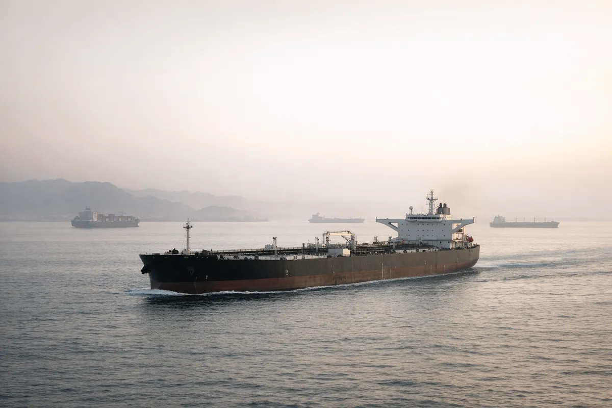 Petroliera in navigazione su mare calmo all’alba, con altre navi cargo sullo sfondo e costa velata dalla foschia