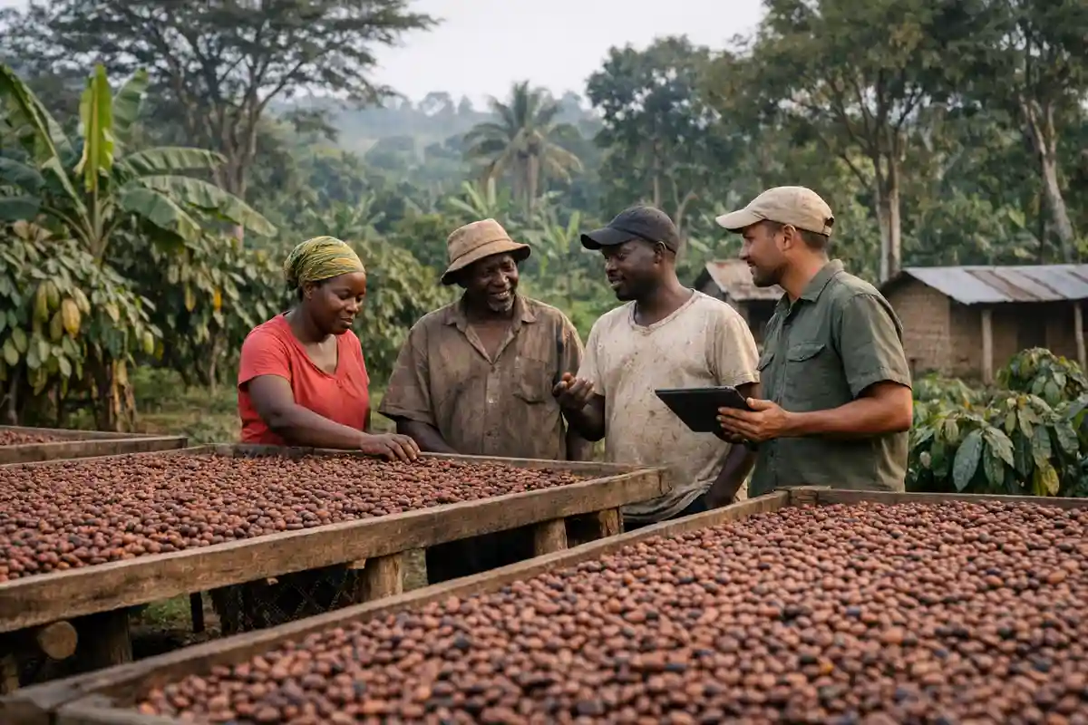 Agricoltori e tecnico controllano fave di cacao su graticci di essiccazione, con tablet, in un villaggio rurale tropicale
